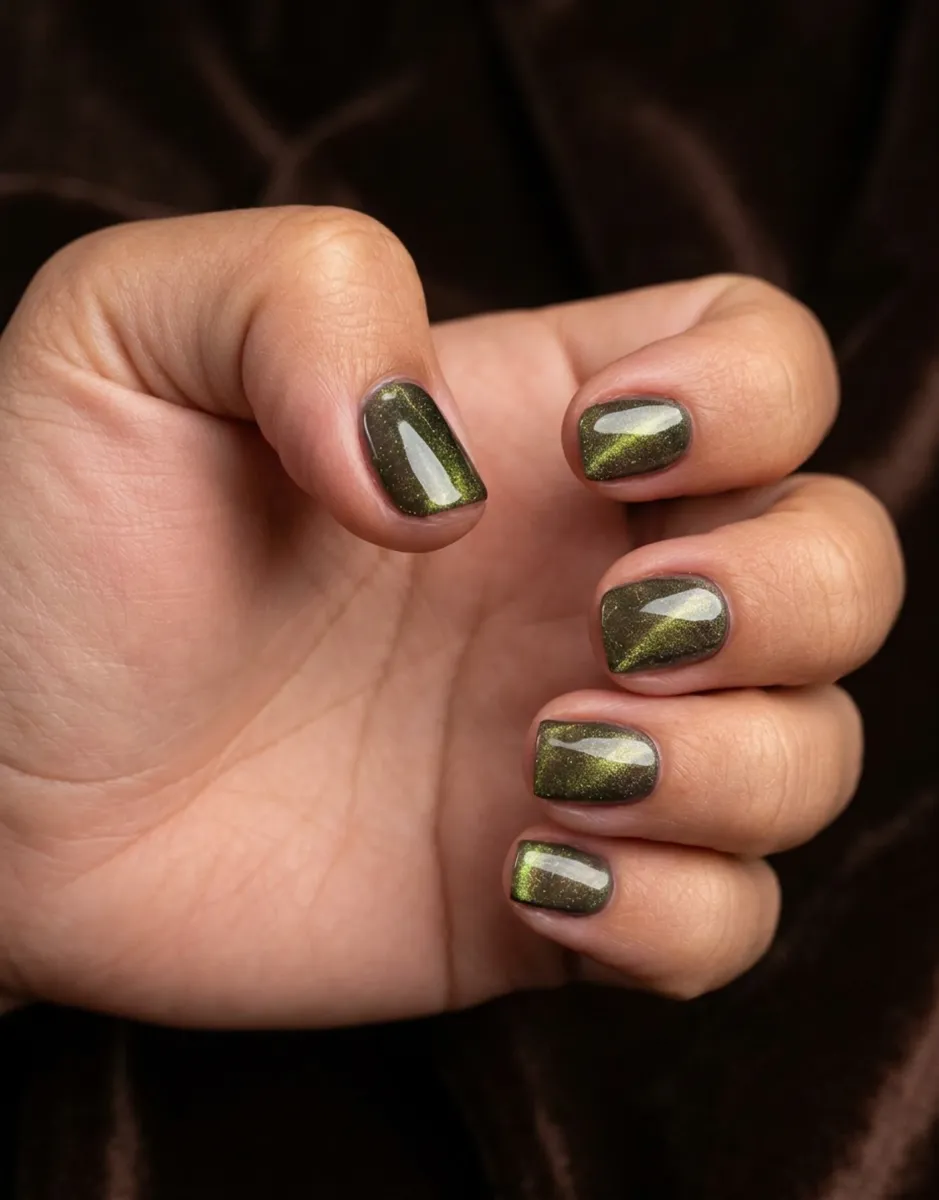 Short square nails in deep green cat-eye gel