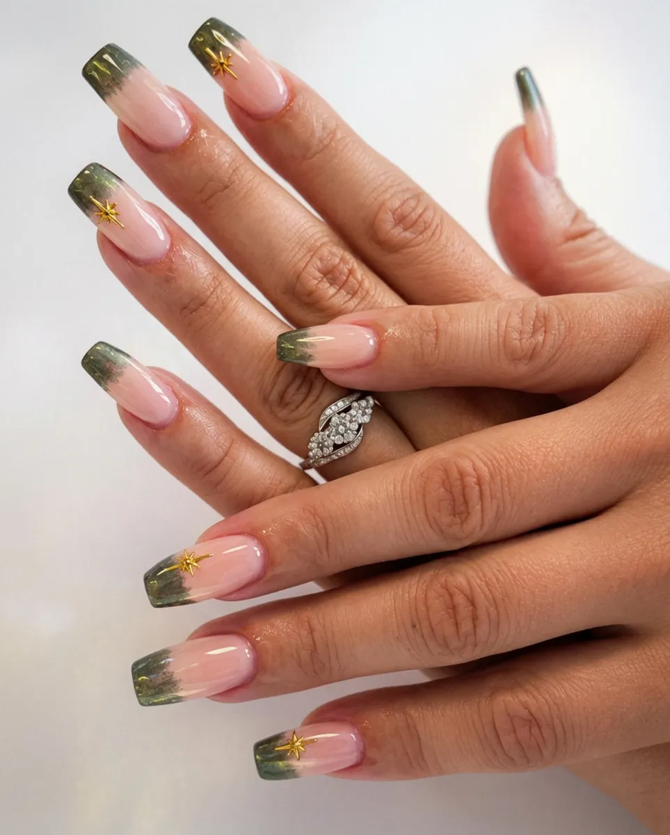 Sage green ombré nails with gold star charms, by Sharday